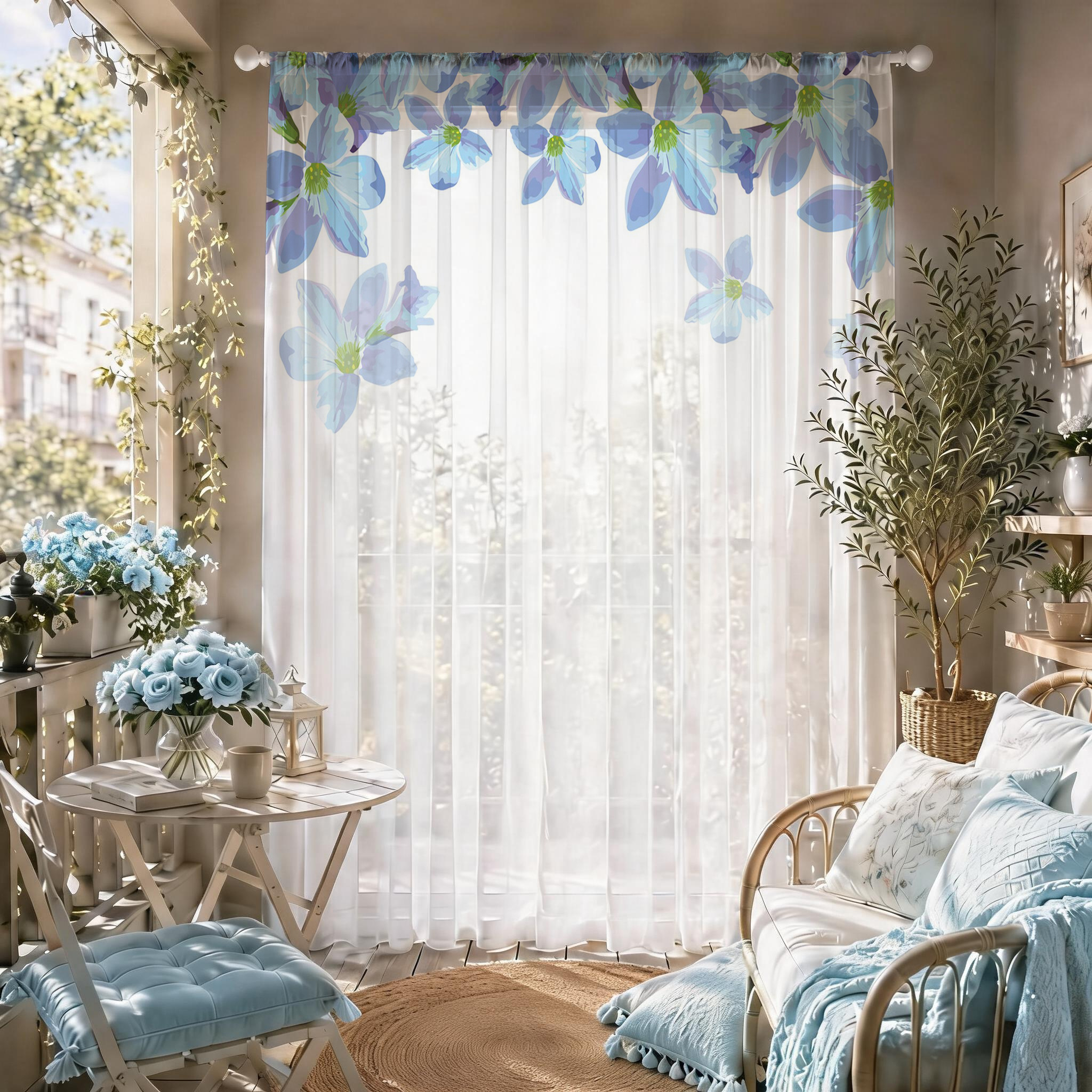 Home Office With Plants - Blue Floral Gradient Sheer Curtain, Good