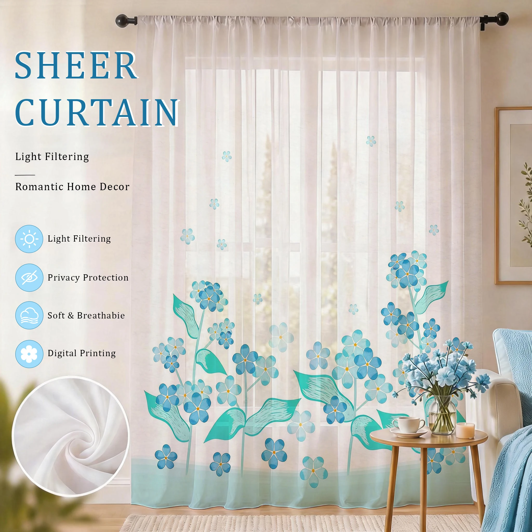Home Office With Plants - Light blue Modern Gradient Sheer Curtain,