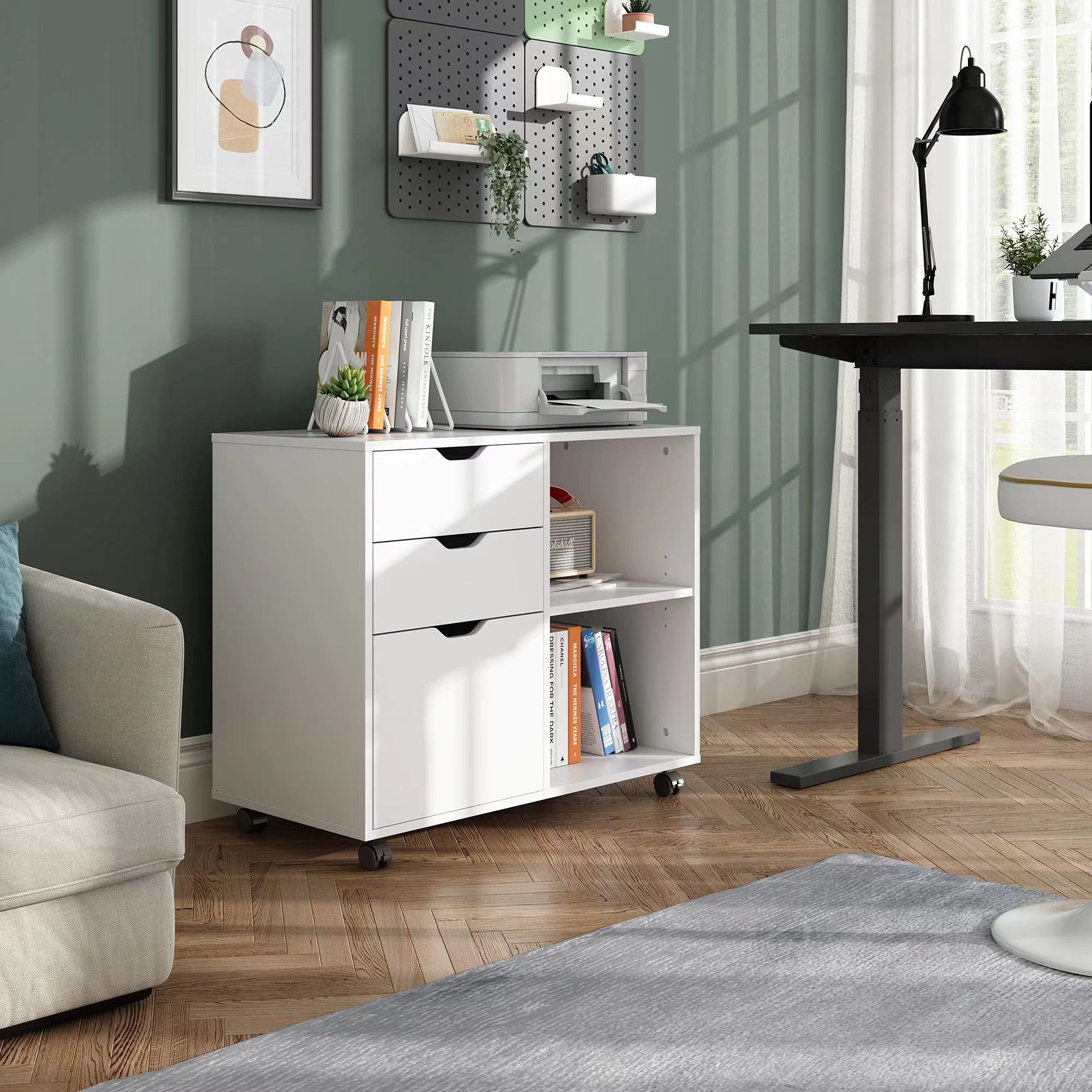 Home Office Printer - 3-Drawer Wood File Cabinet, Mobile Lateral