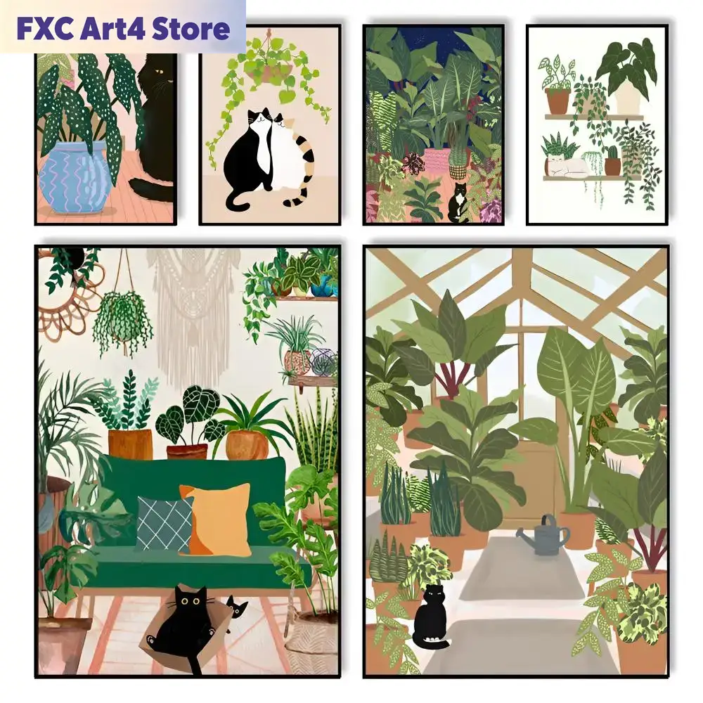 Home Office With Plants - Frameless Green Plants Black Cat Poster
