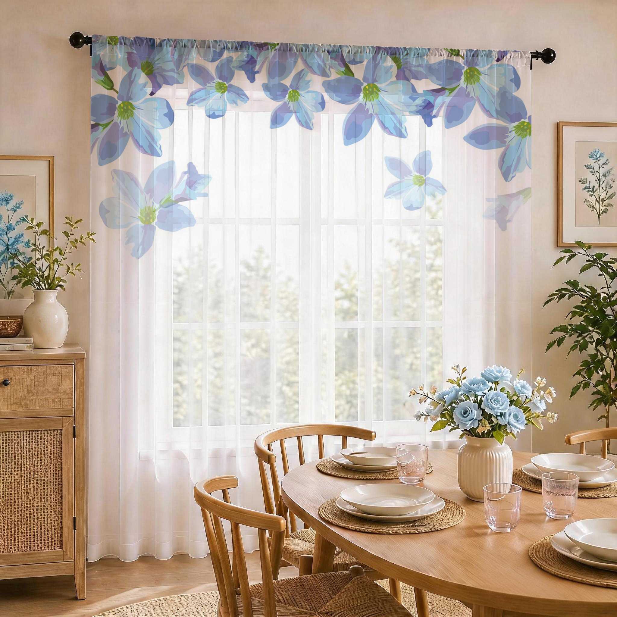 Blue Floral Gradient Sheer Cur - đánh giá và giá Home Office With Plants