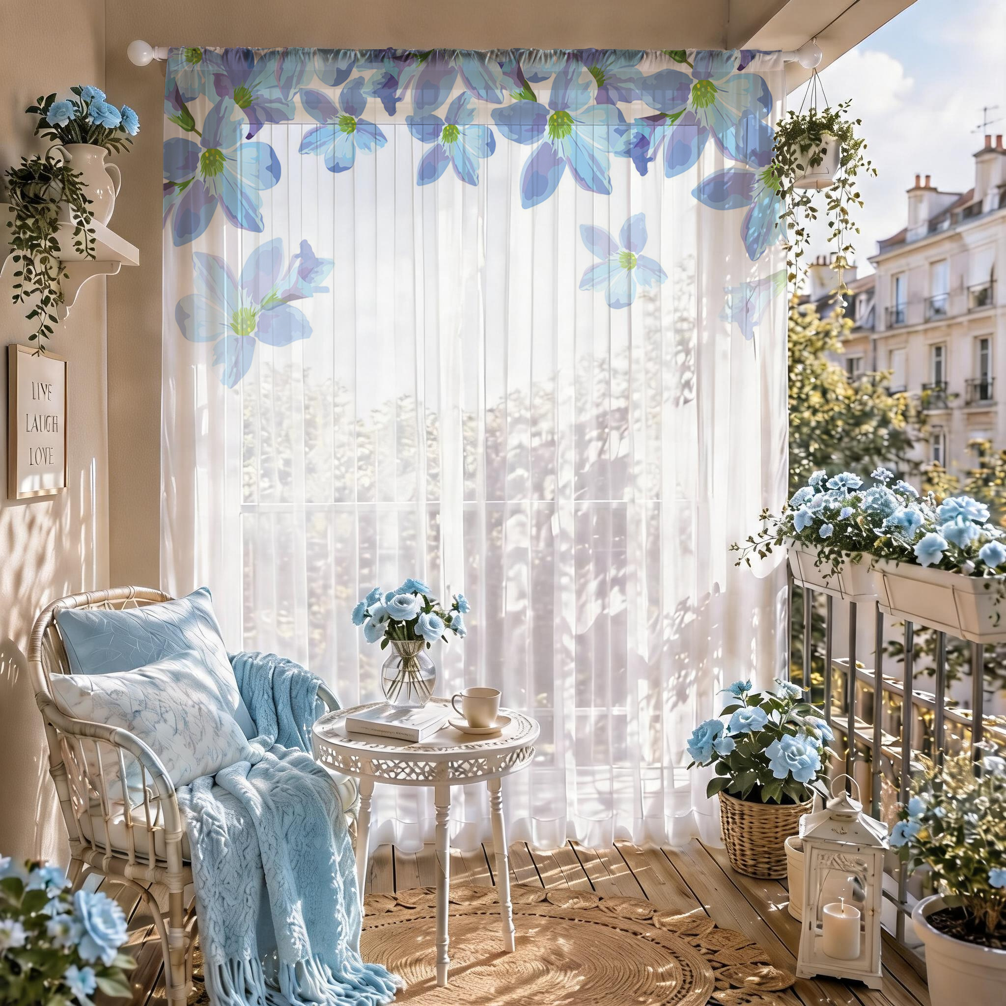 Blue Floral Gradient Sheer Cur - đánh giá và giá Home Office With Plants