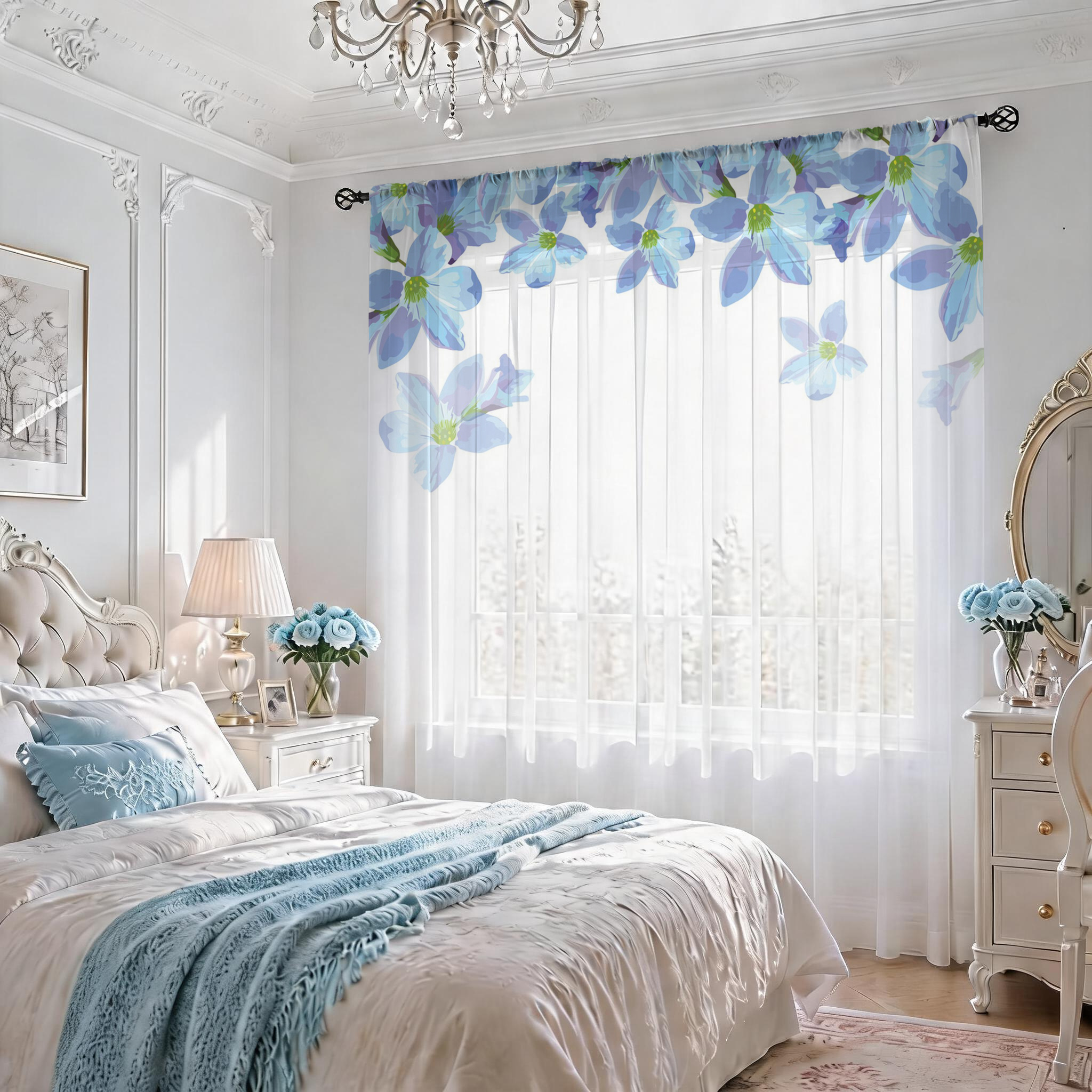 Blue Floral Gradient Sheer Cur - đánh giá và giá Home Office With Plants