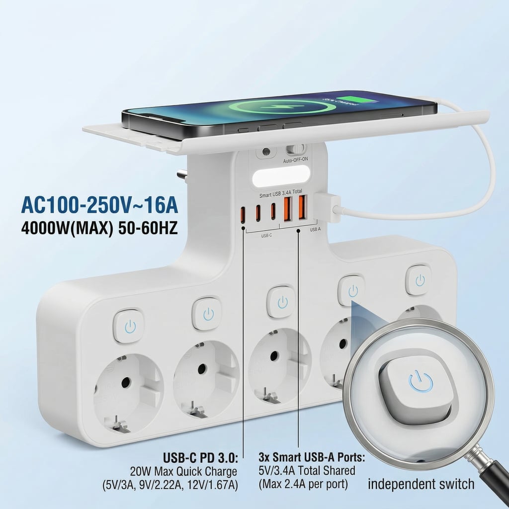 Wall Power Strip EU Plug Indep - đánh giá và giá Power Strip Desk