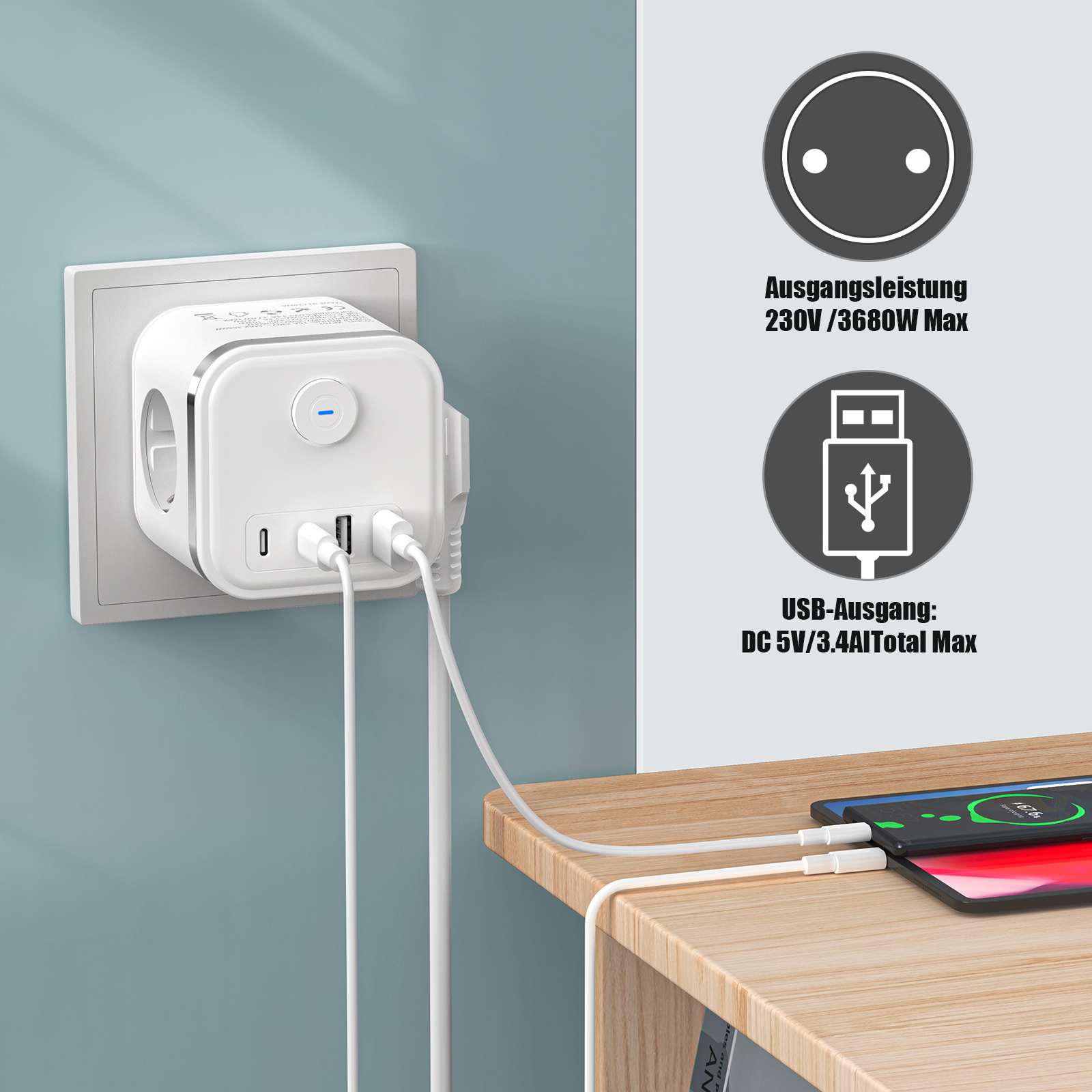3680W Multi Plug EU Power Stri - đánh giá và giá Power Strip Desk